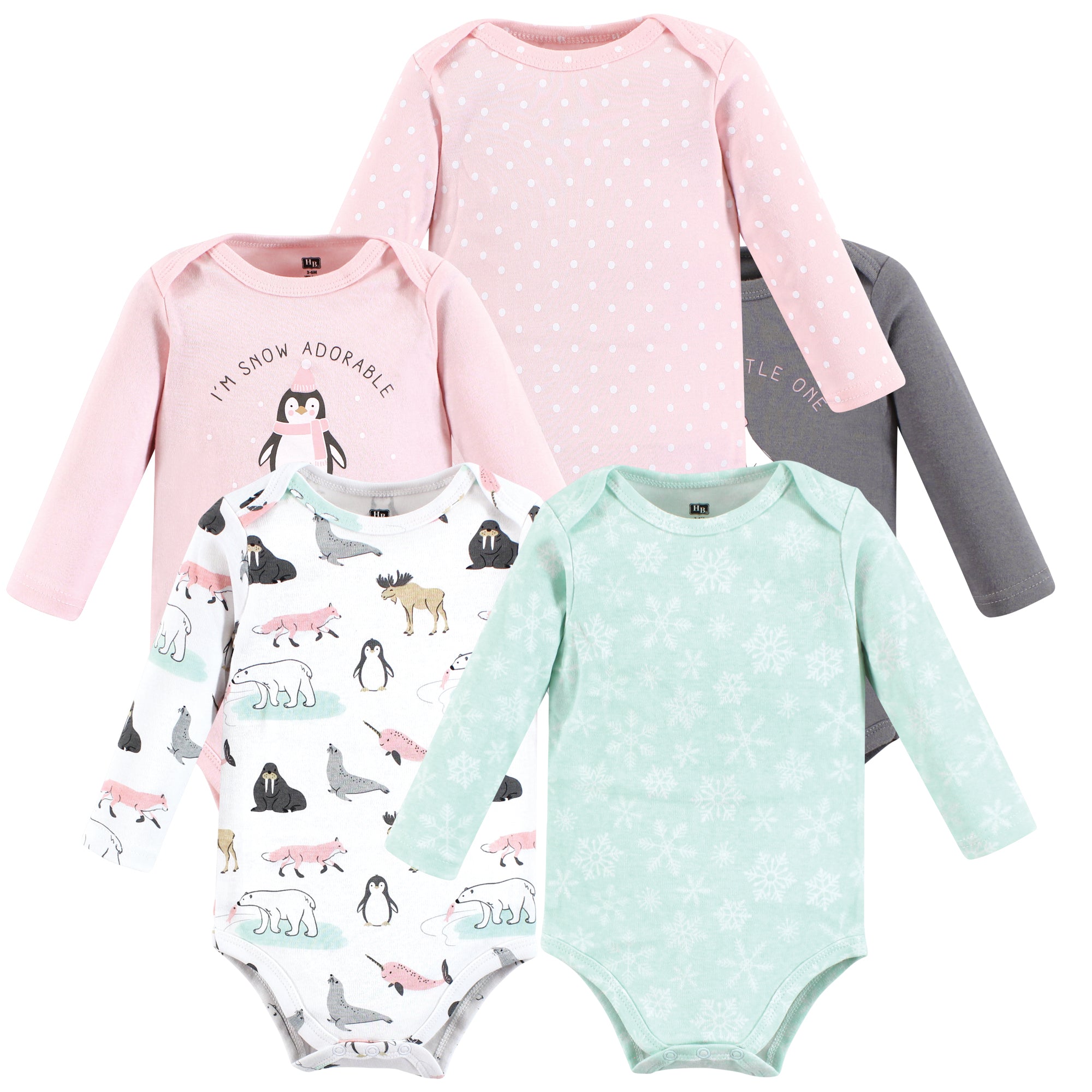 Girls Long Sleeve Bodysuits 5-Pack, Pink Polar Pals