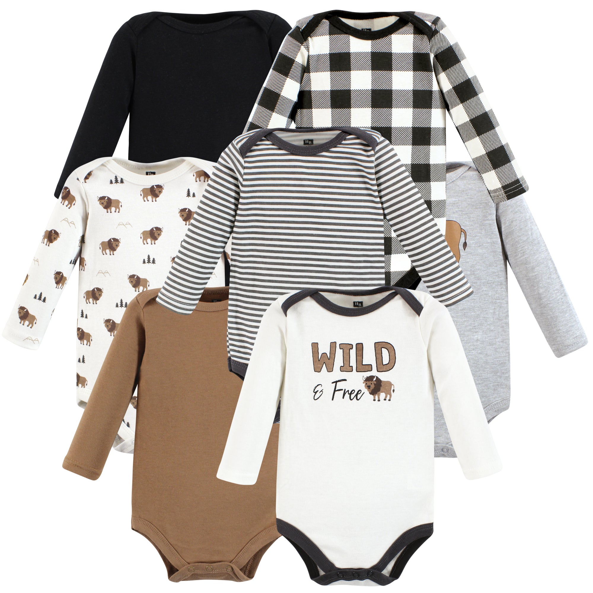 Boys Long Sleeve Bodysuits 7-Pack, Rugged Bison