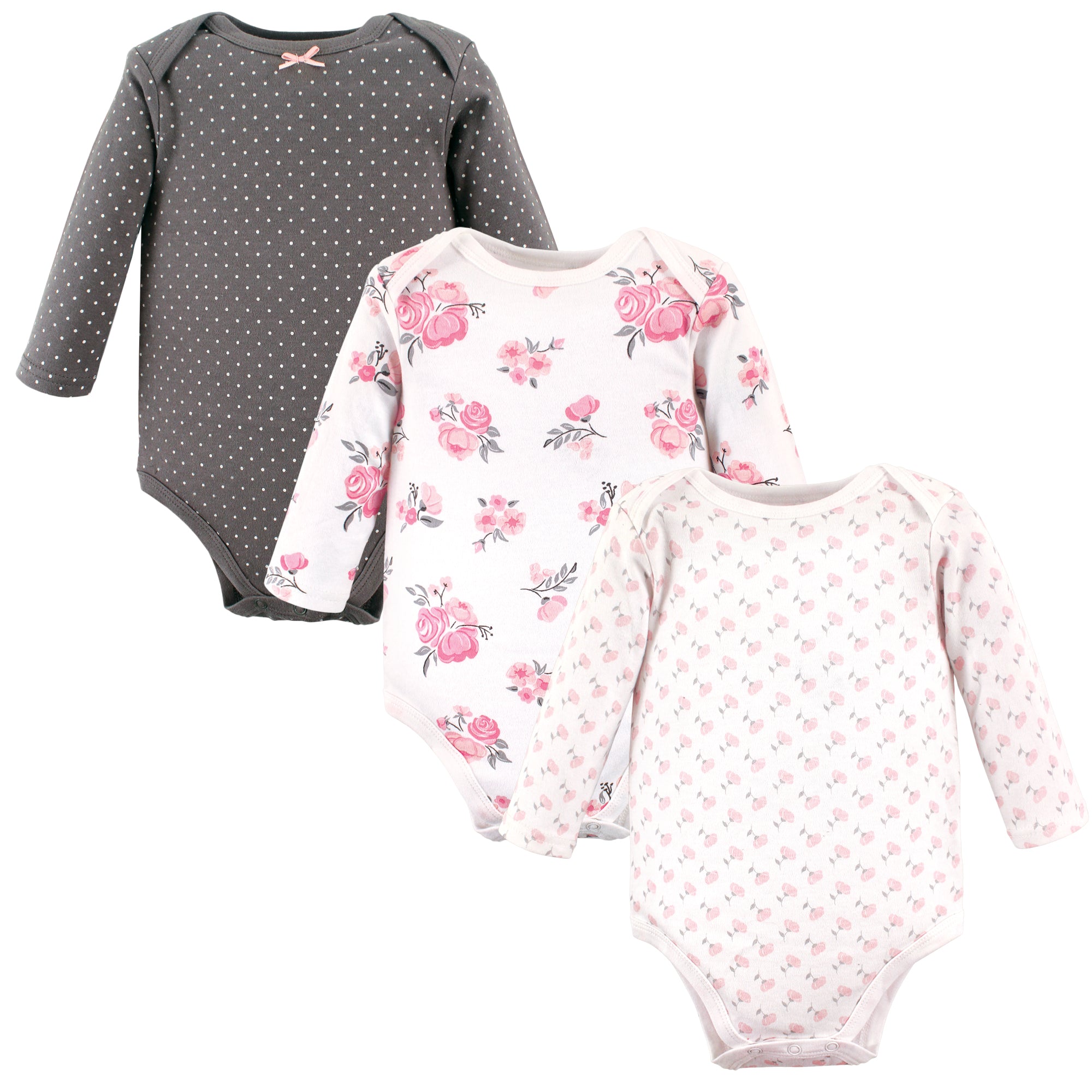 Girls Long Sleeve Bodysuits 3-Pack, Petal Pink and Smoke Blossom