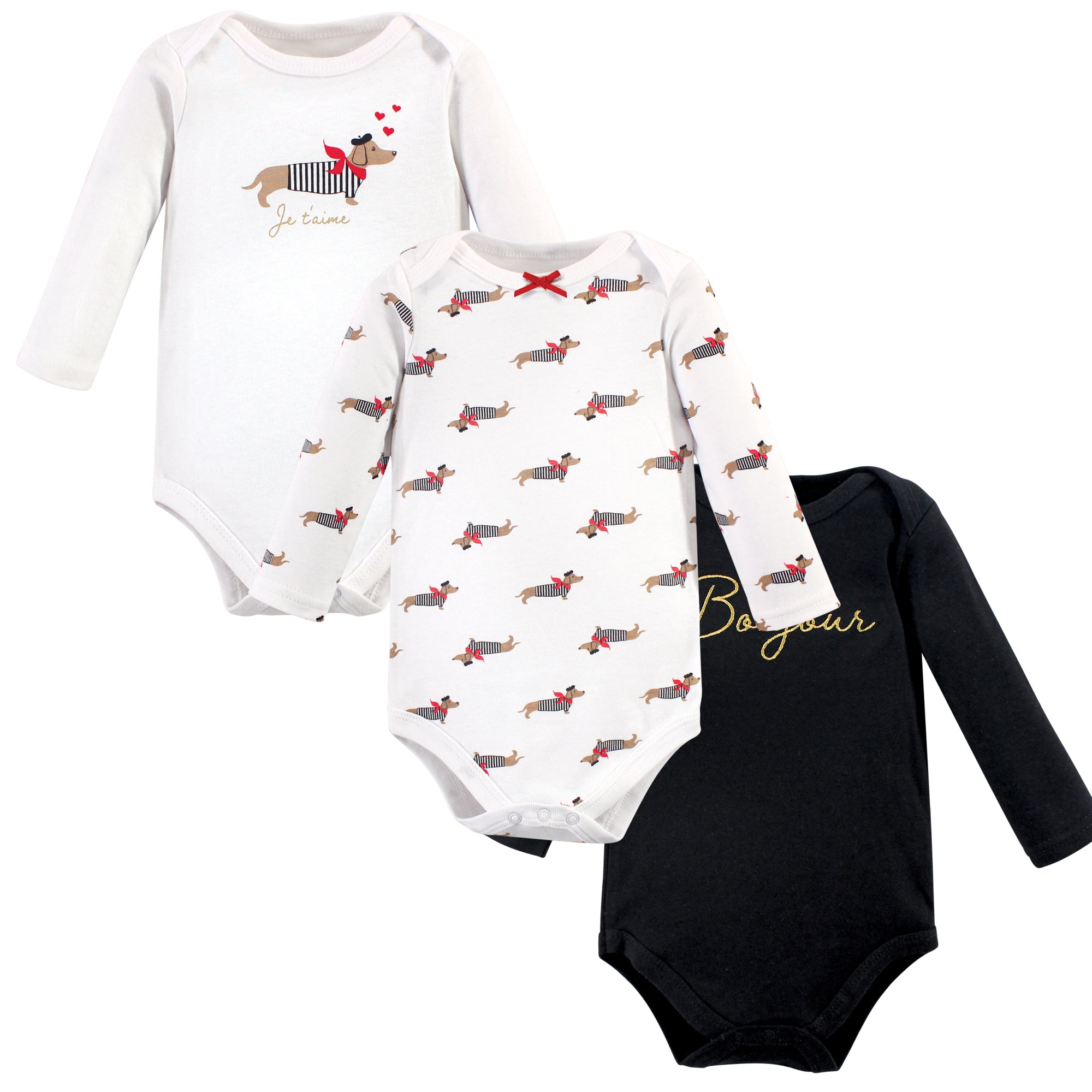 Girls Long Sleeve Bodysuits 3-Pack, Parisian Pup