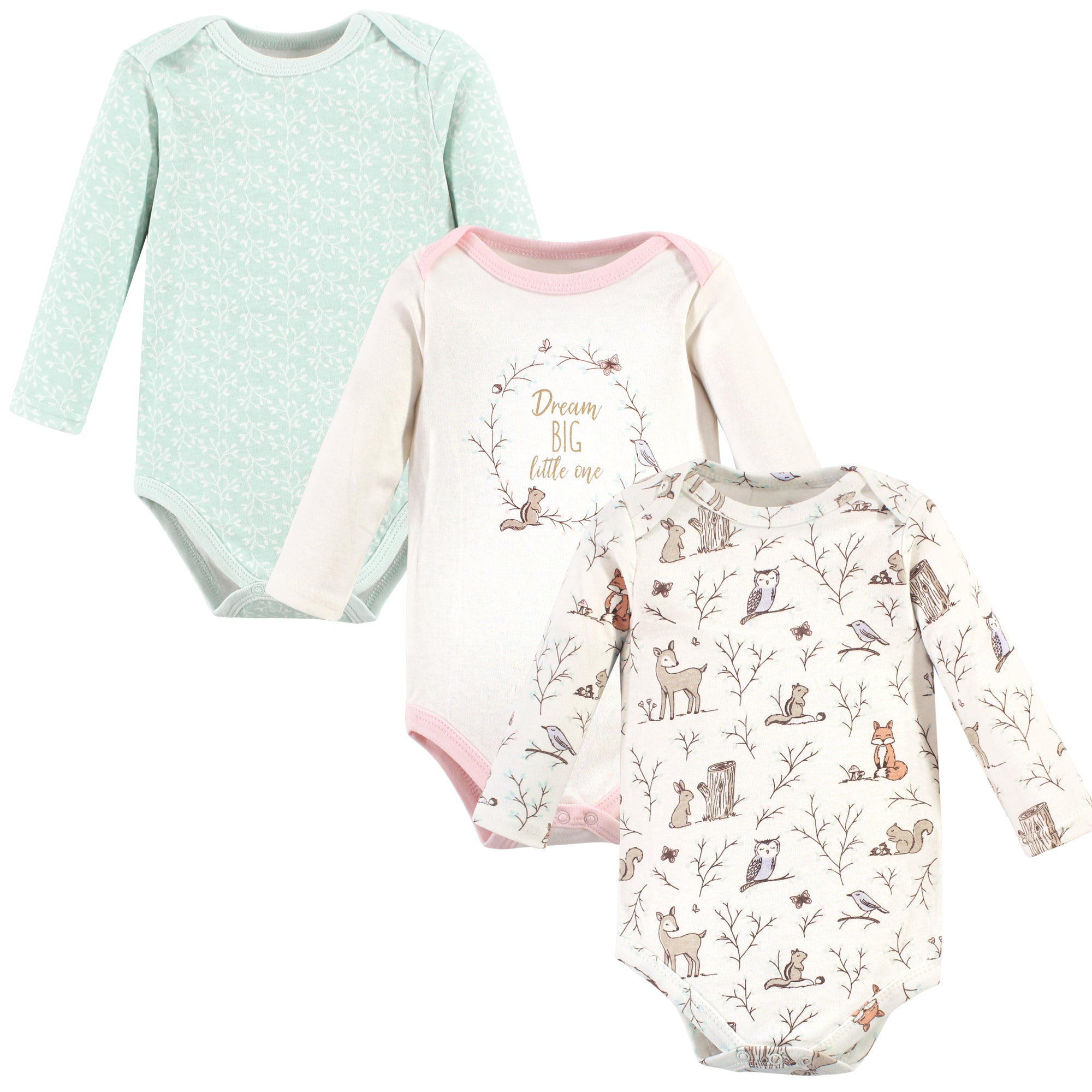 Girls Long Sleeve Bodysuits 3-Pack, Mystic Pink Woodland