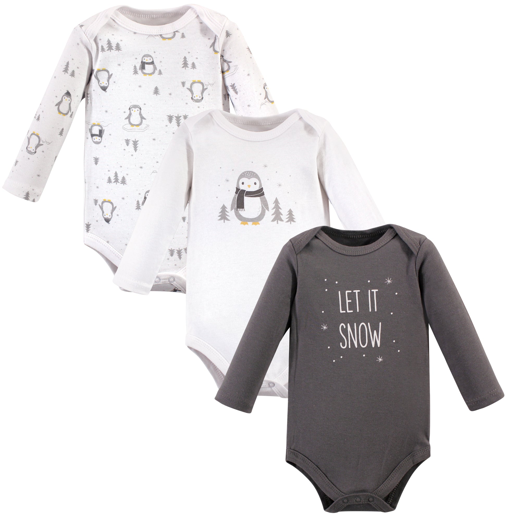 Unisex Long Sleeve Bodysuits 3-Pack, Silver Tundra Penguin