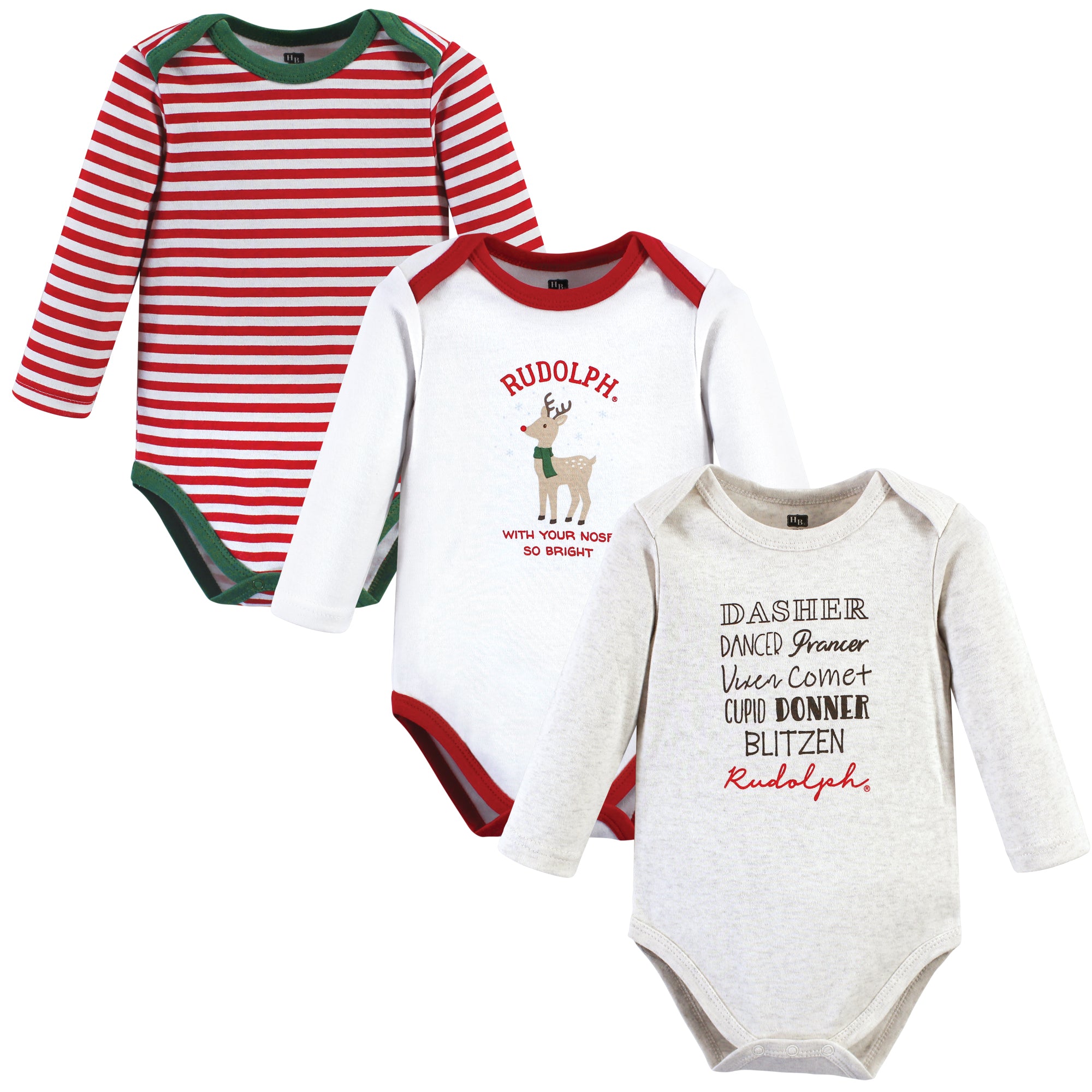 Unisex Long Sleeve Bodysuits 3-Pack, Crimson Reindeer