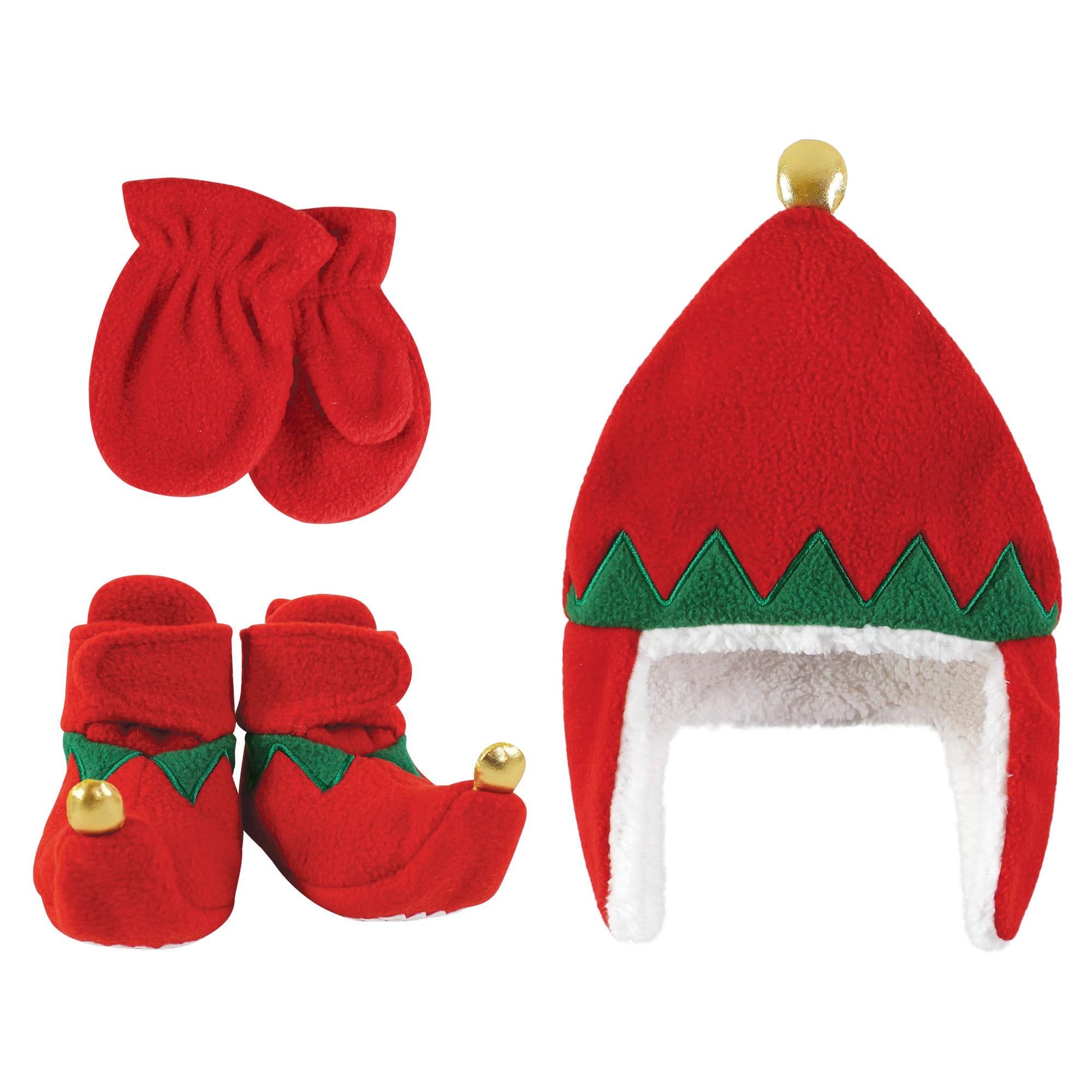 Unisex Trapper Hat, Mittens and Booties Set, Crimson Pixie