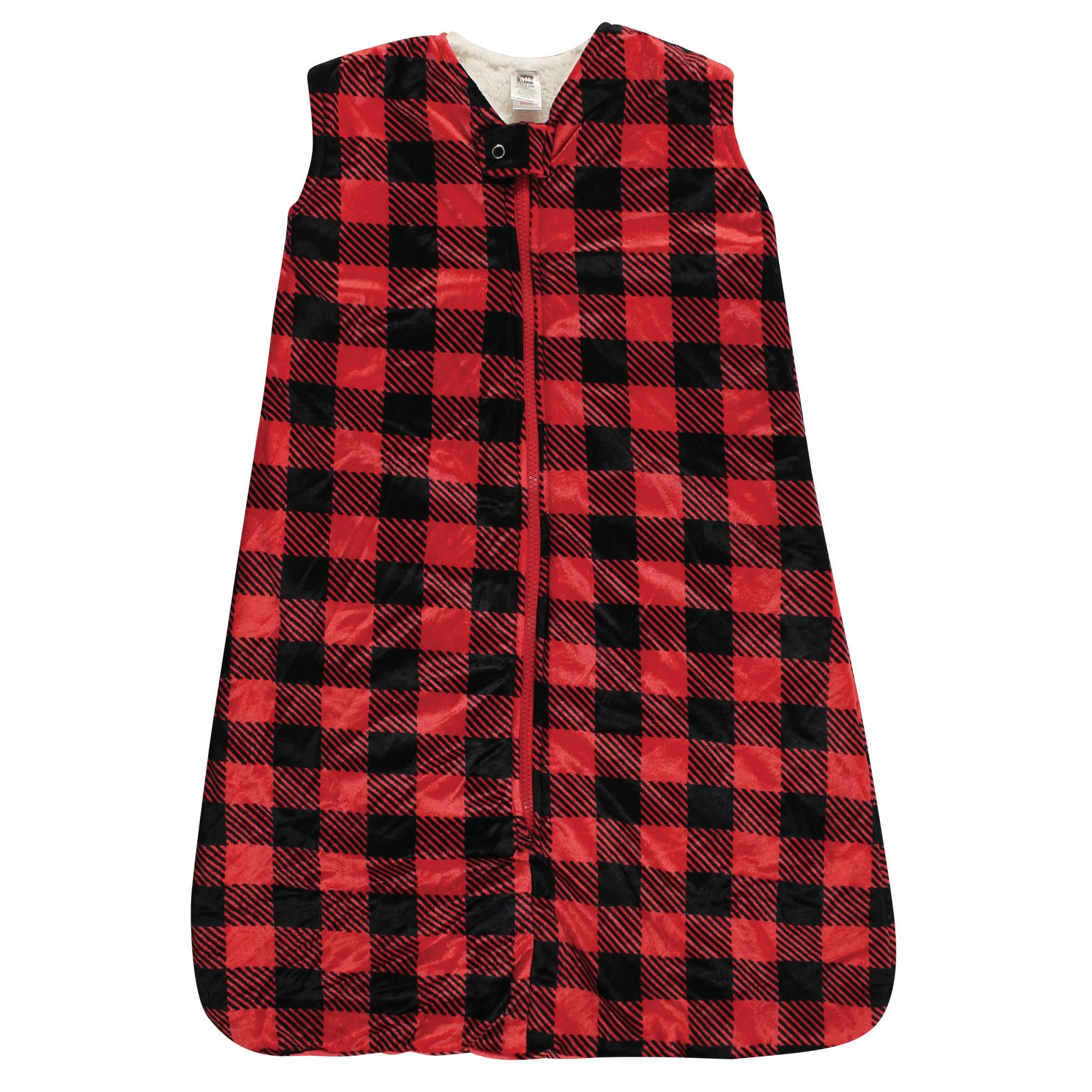 Boys Sherpa-Lined Plush Sleeping Bag, Rustic Red Check