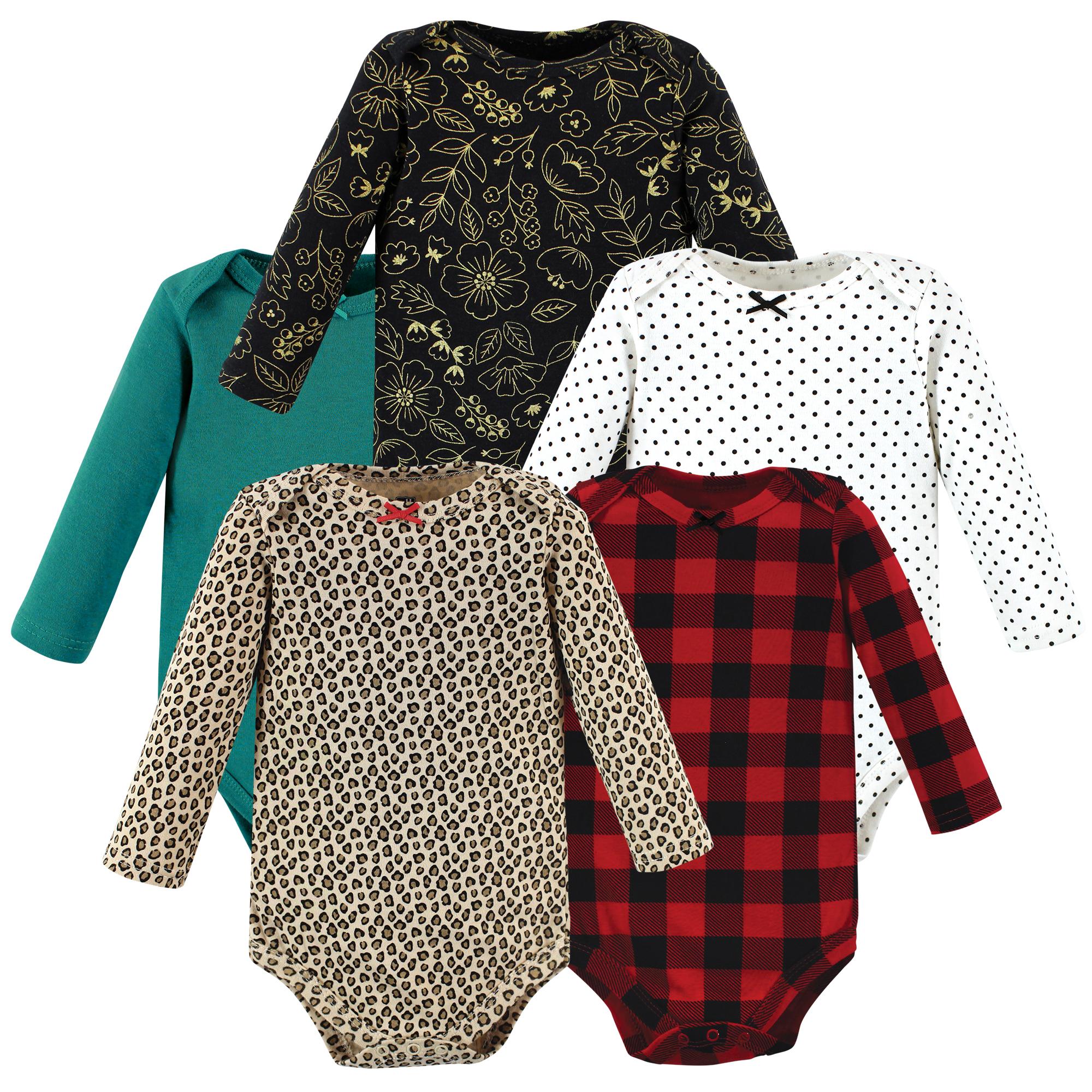 Girls Long Sleeve Bodysuits 5-Pack, Ruby Check Safari