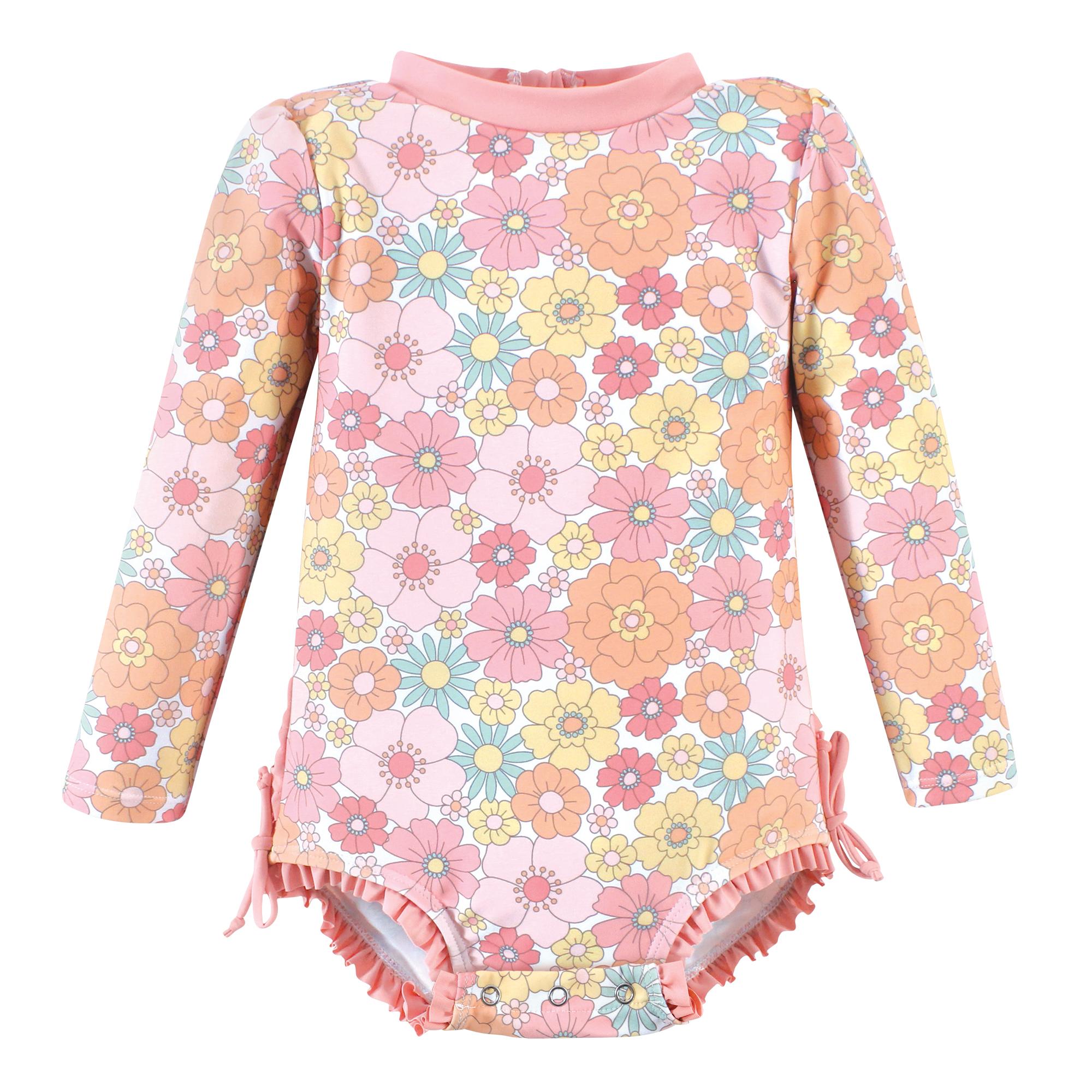 Girls Rashguard Swimsuit, Retro Floral Bloom
