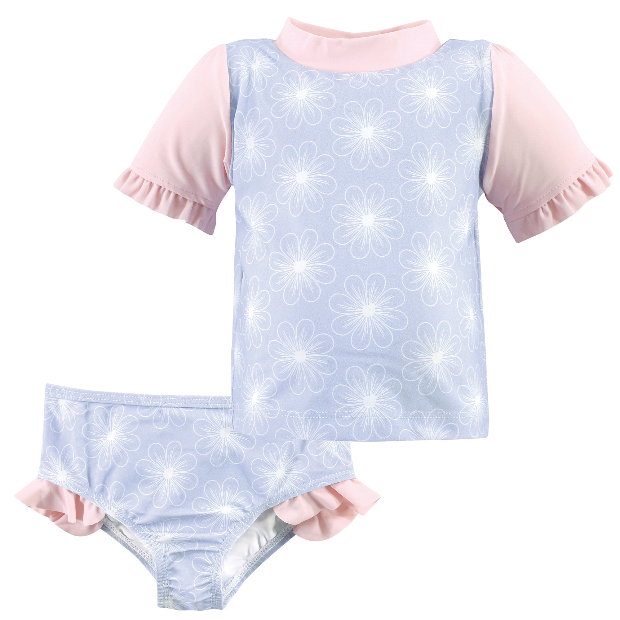 Girls Rashguard Swimsuit Set, Azure Blossom