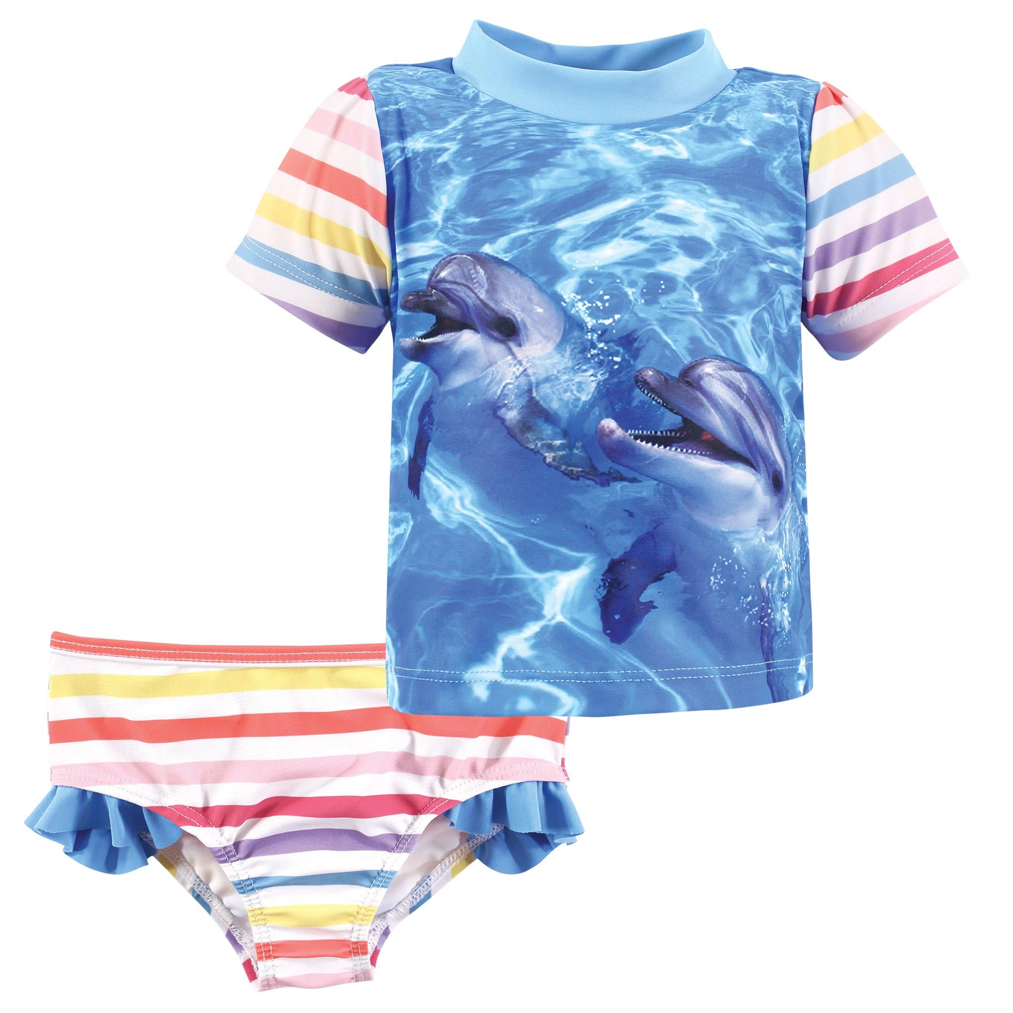 Girls Rashguard Swimsuit Set, Aquatic Dolphin Blue