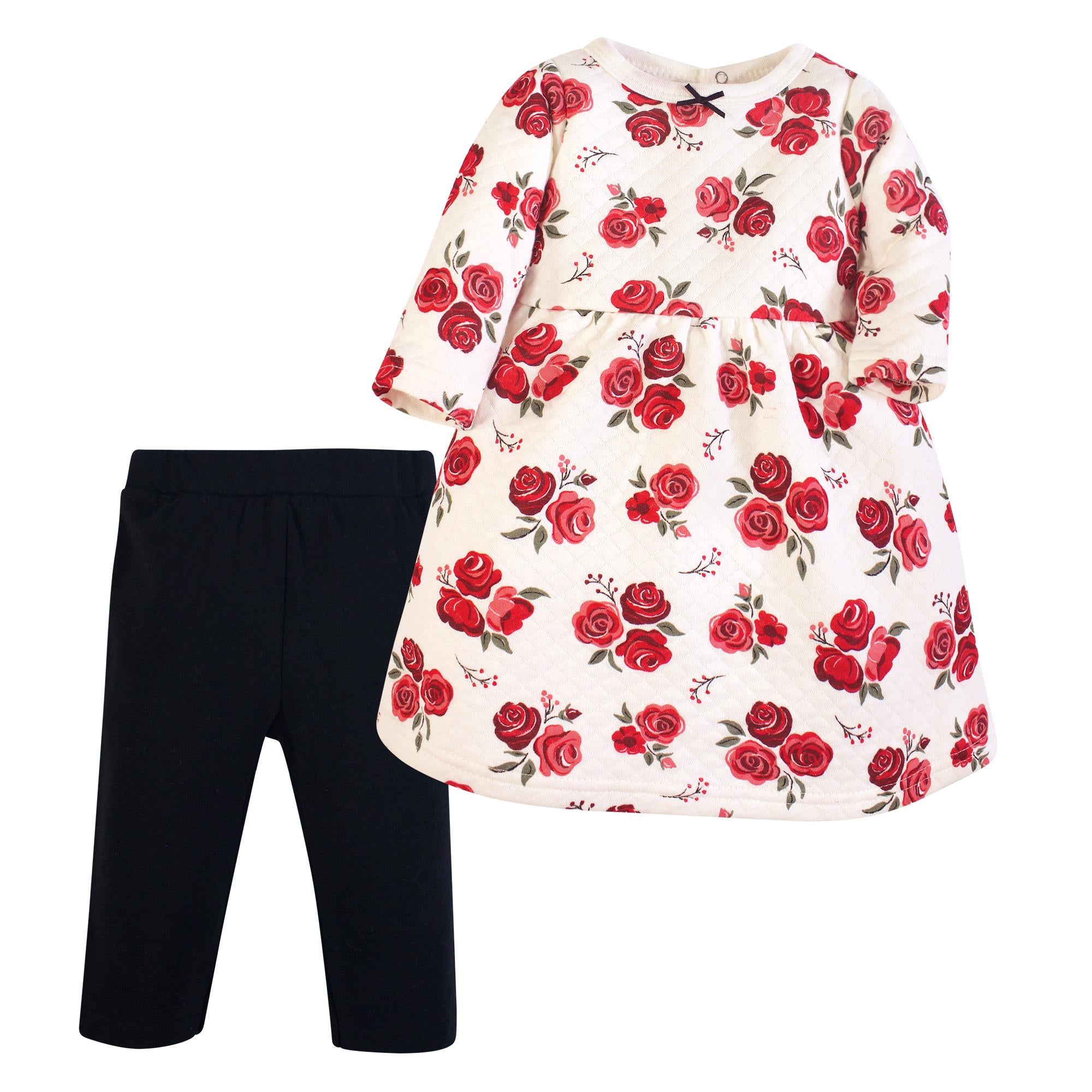 Girls Quilted Dress and Leggings Set, Crimson Petal