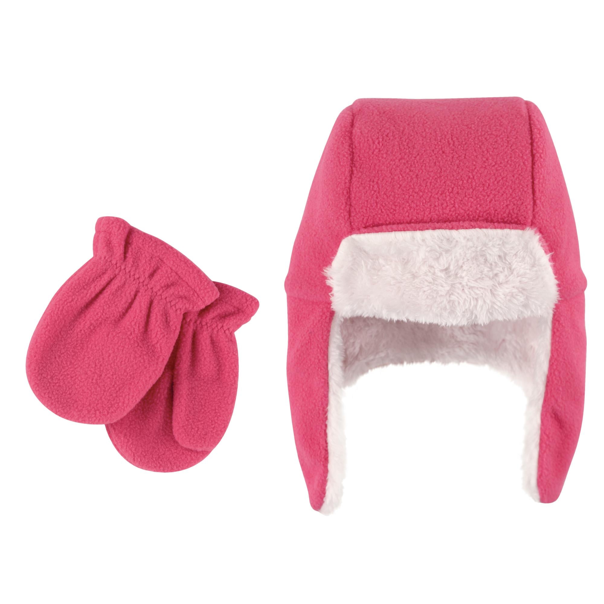 Girls Cozy Winter Trapper Hat and Mittens Set, Berry Petal