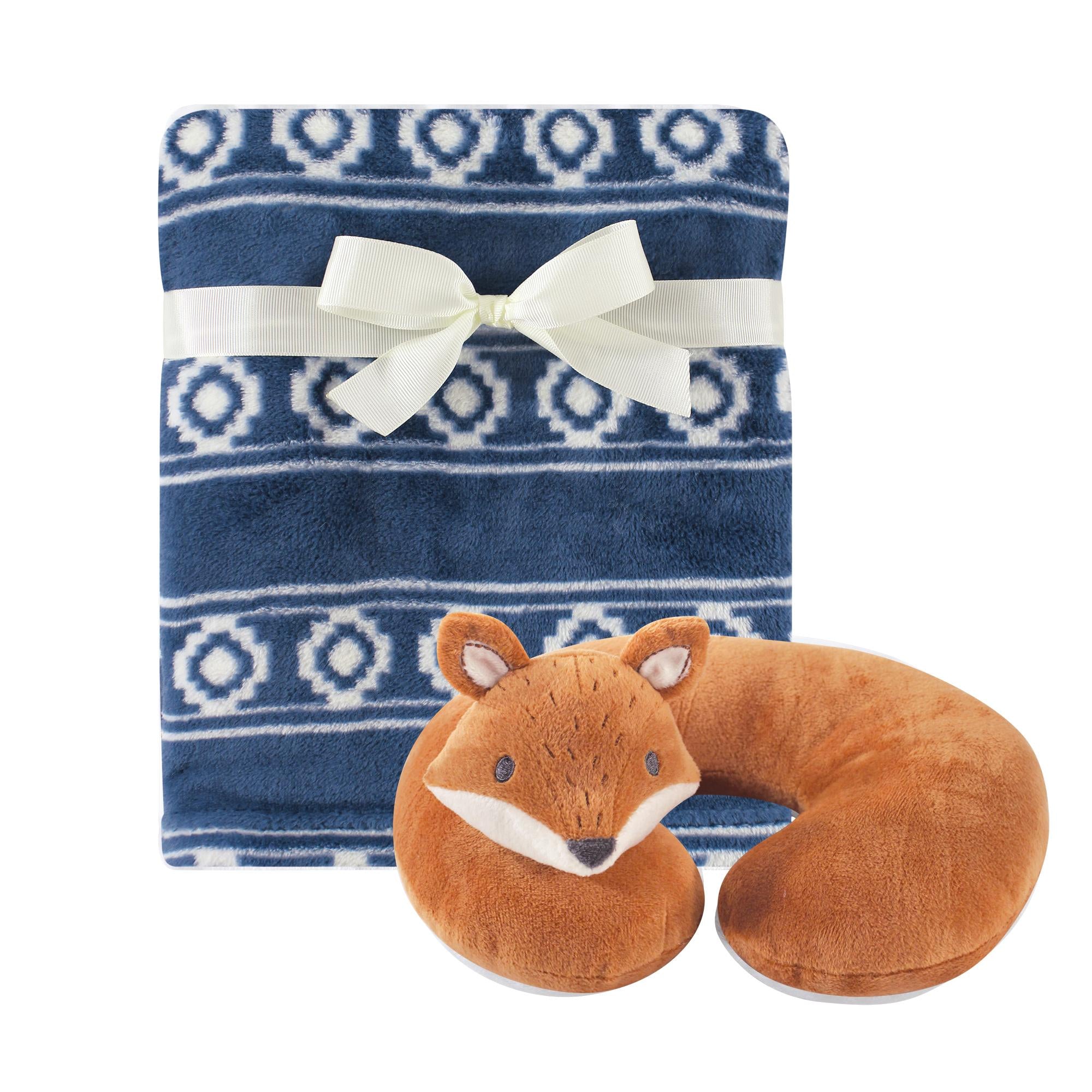 Boys Plush Blanket and Neck Pillow Bundle, Smart Blue Fox