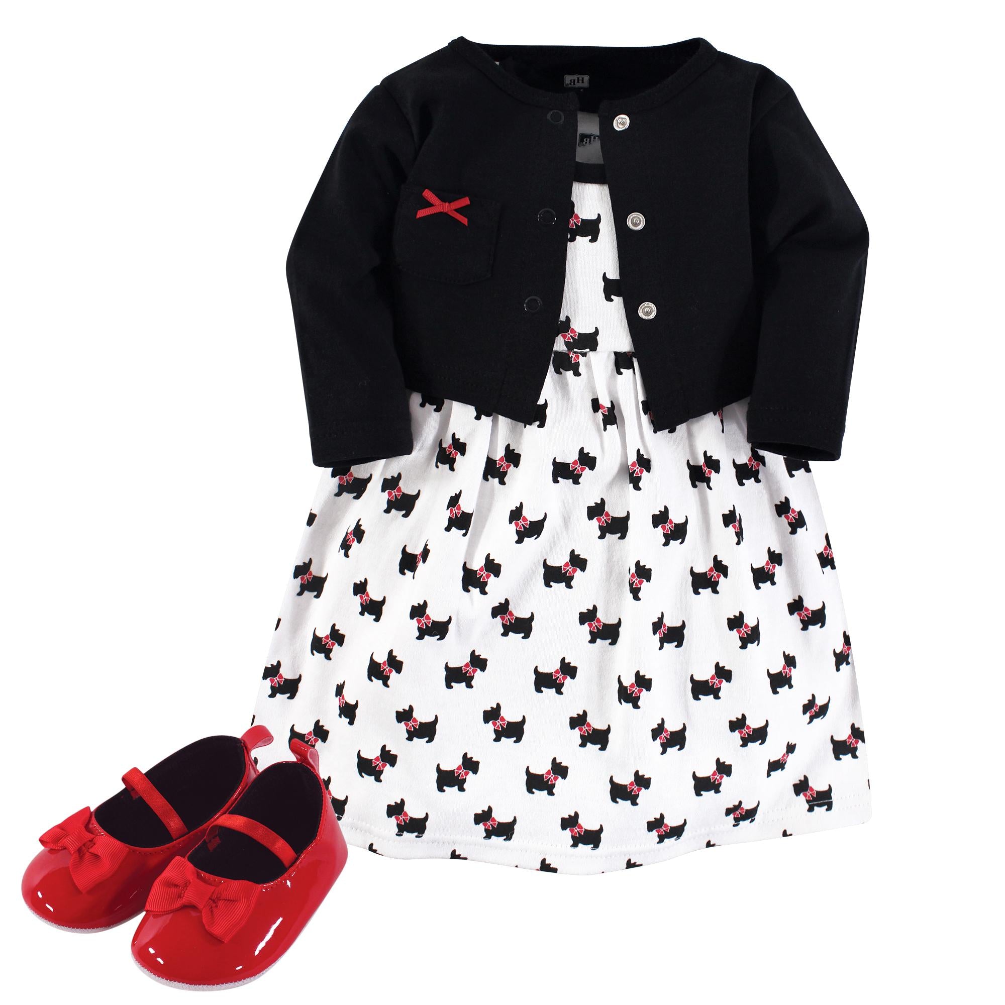 Girls Matching Cardigan, Dress and Shoes Set, Little Scottie Print