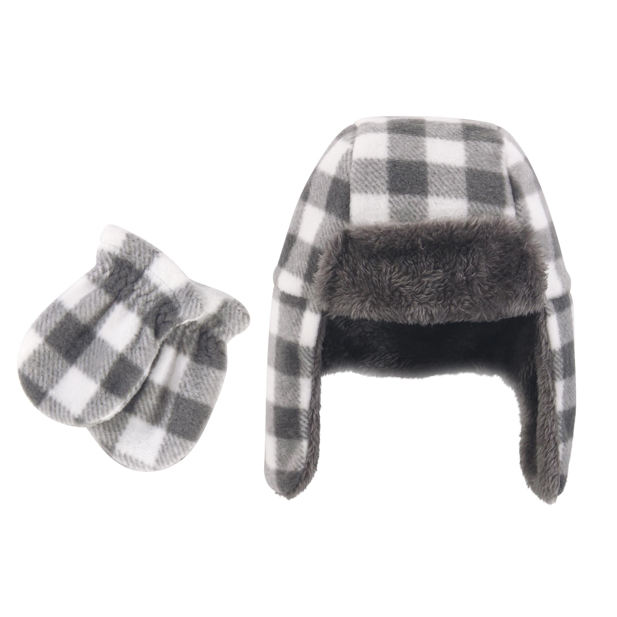 Unisex Cozy Winter Trapper Hat and Mittens Set, Smoky Ash Check