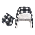 Unisex Cozy Winter Trapper Hat and Mittens Set, Onyx and Snow Check