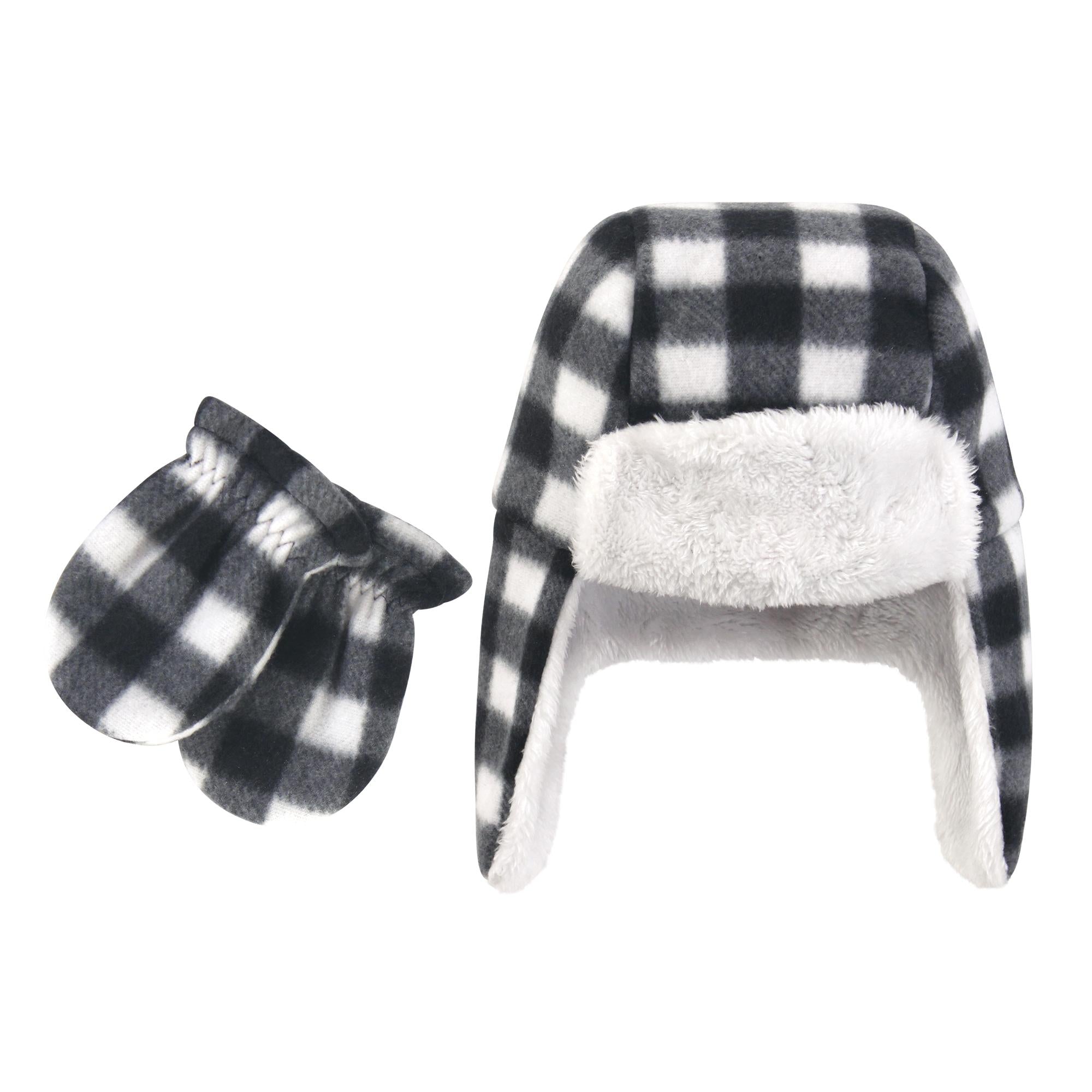 Unisex Cozy Winter Trapper Hat and Mittens Set, Onyx and Snow Check