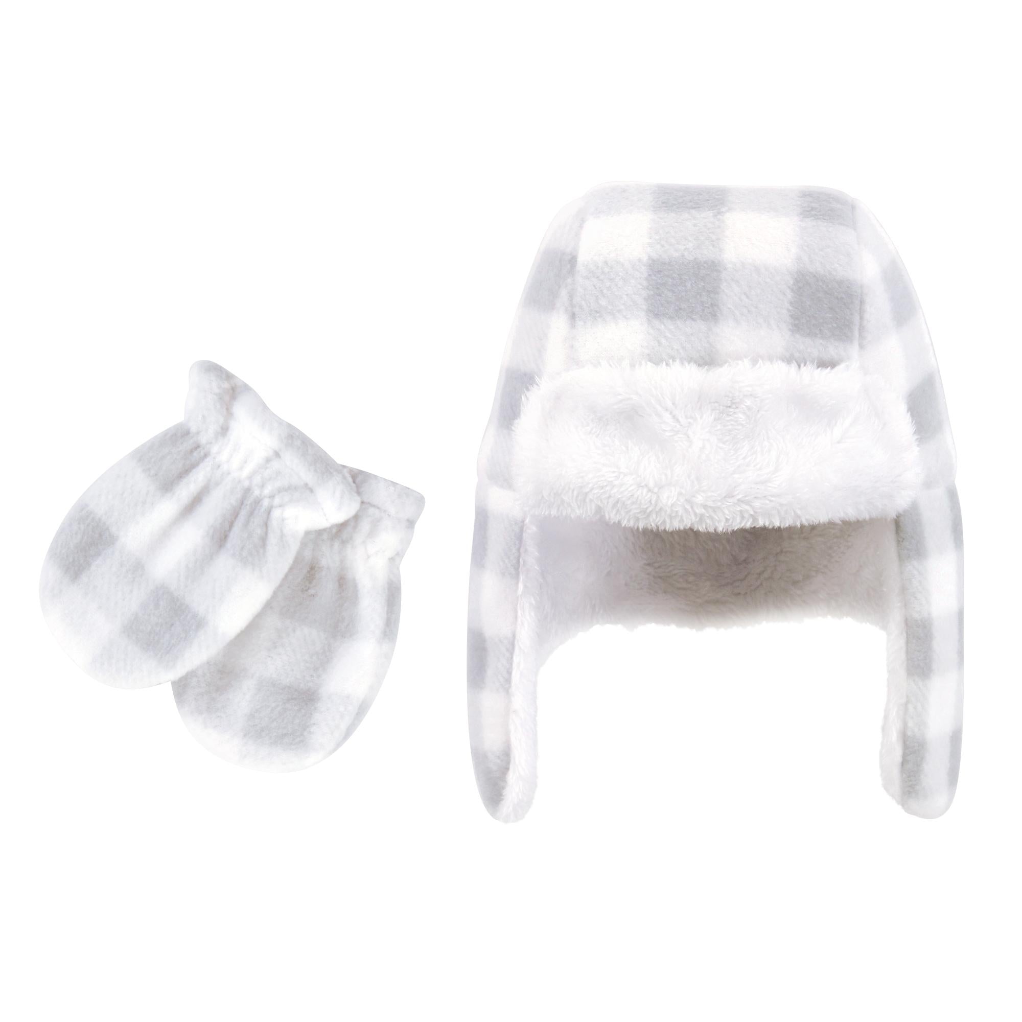 Unisex Cozy Winter Trapper Hat and Mittens Set, Smoky Ash Check