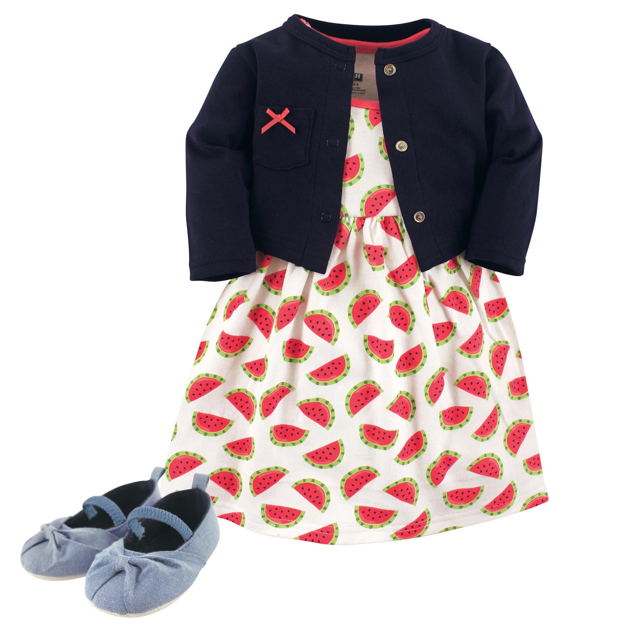Girls Matching Cardigan, Dress and Shoes Set, Summer Melon