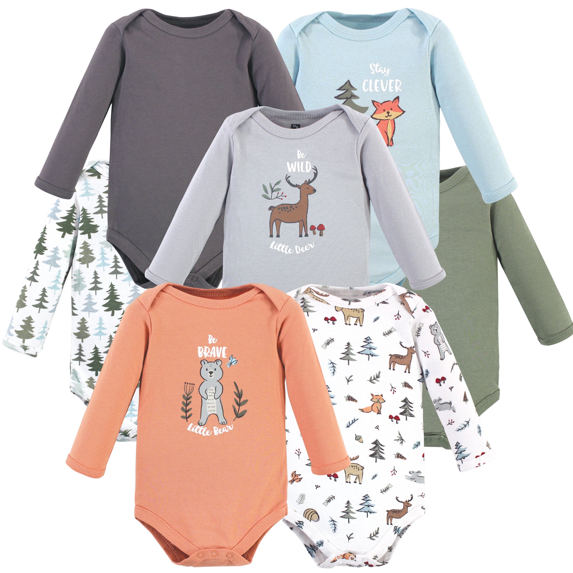 Unisex Long Sleeve Bodysuits 7-Pack, Forest Critters