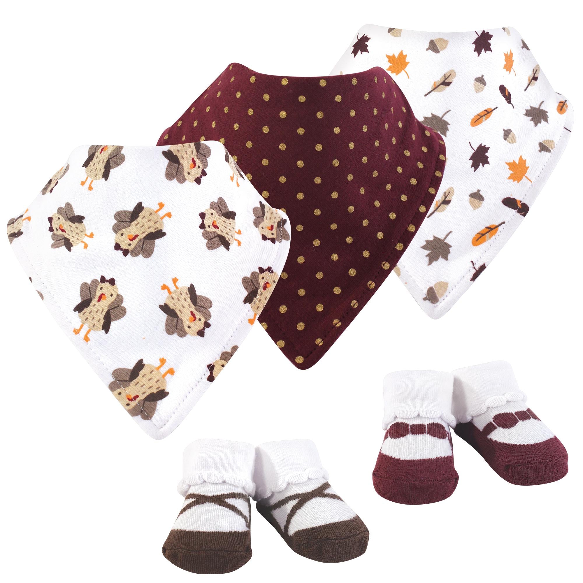 Girls Matching Bib and Socks Feeding Set, Festive Autumn Hen