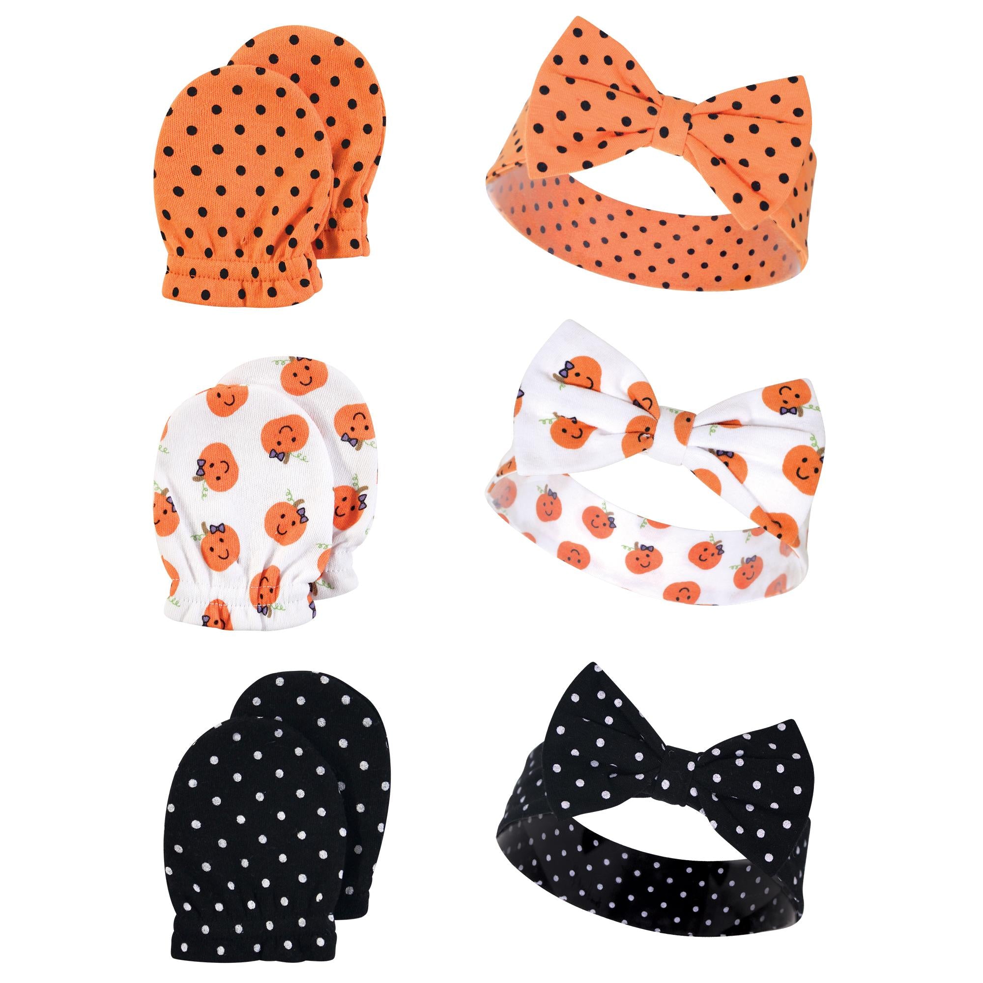 Girls Scratch Mittens and Headband Set, Pumpkin Patch Dots