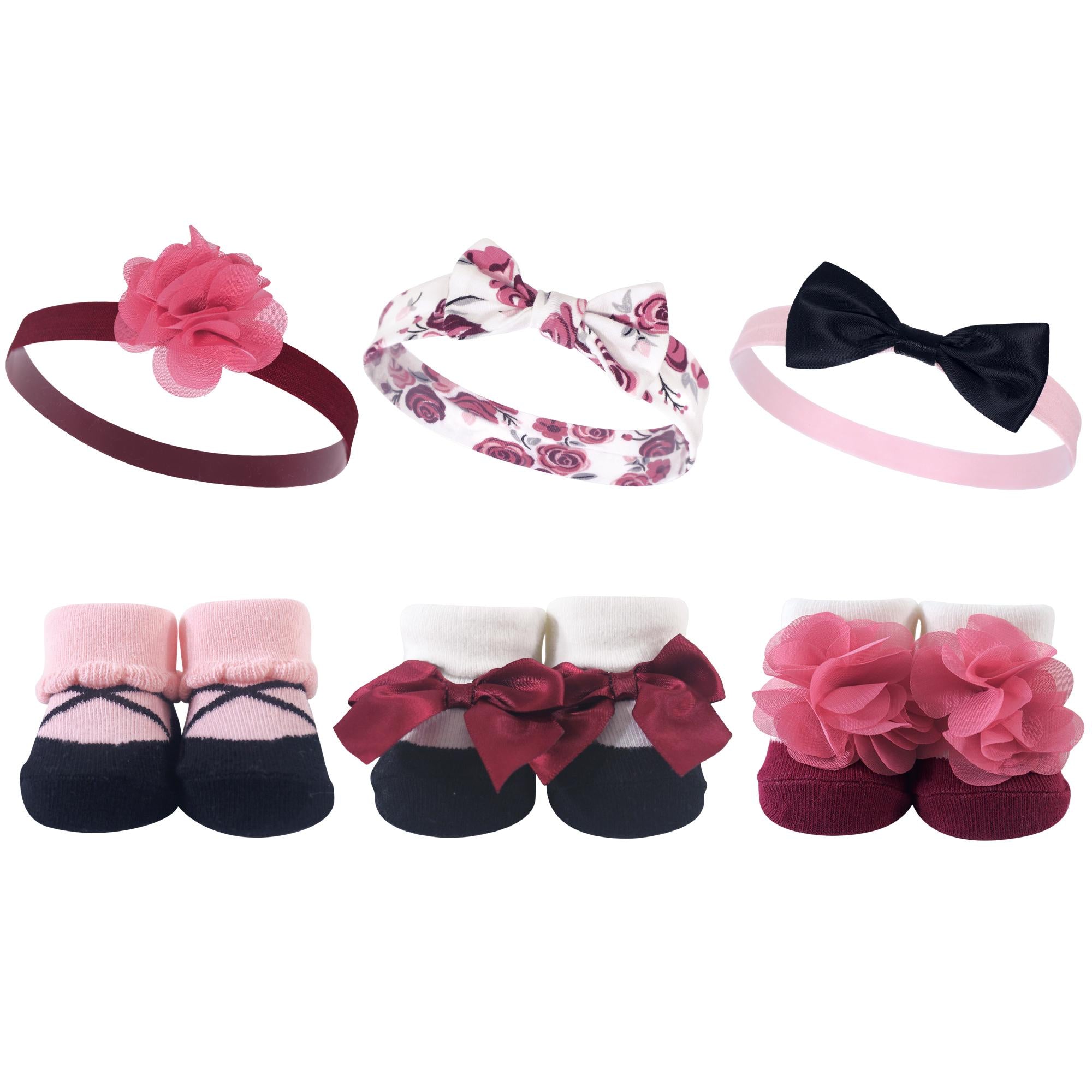 Girls Matching Socks and Hair Accessory Set, Claret Bloom