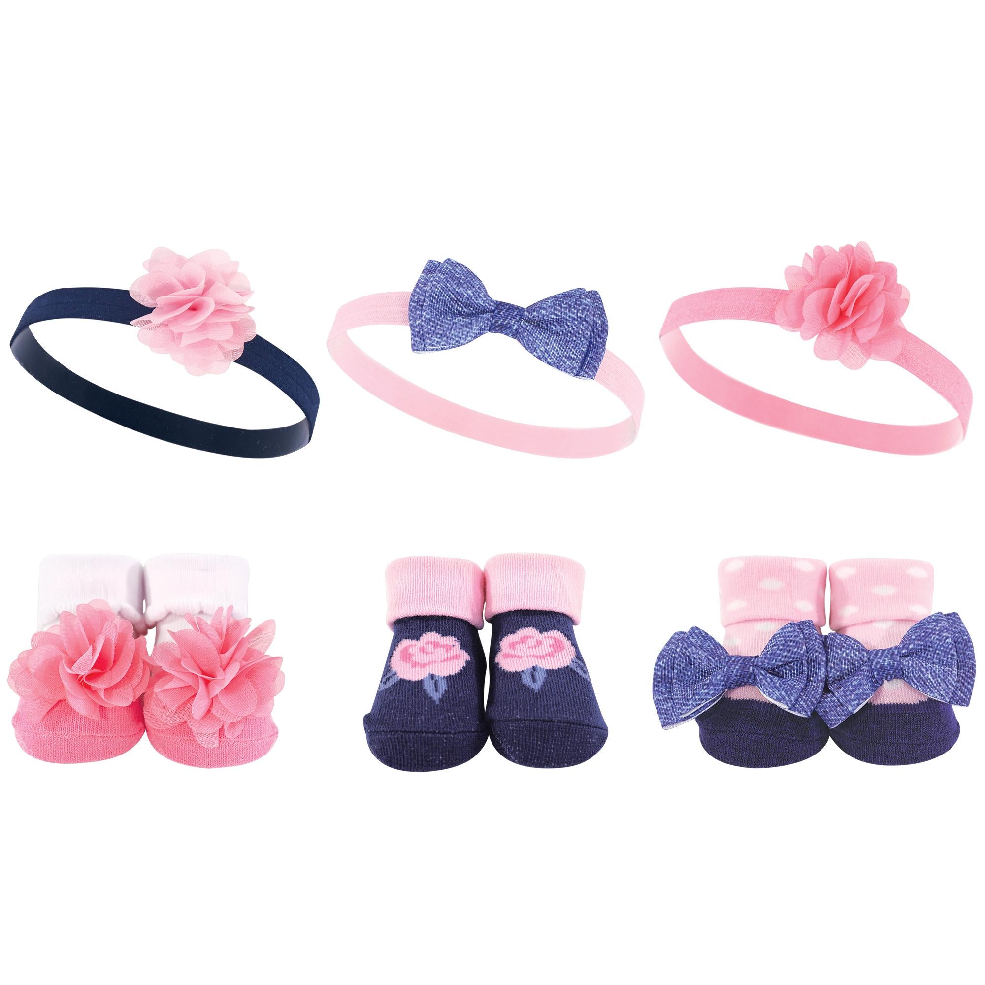 Girls Matching Socks and Hair Accessory Set, Blush Petal and Indigo