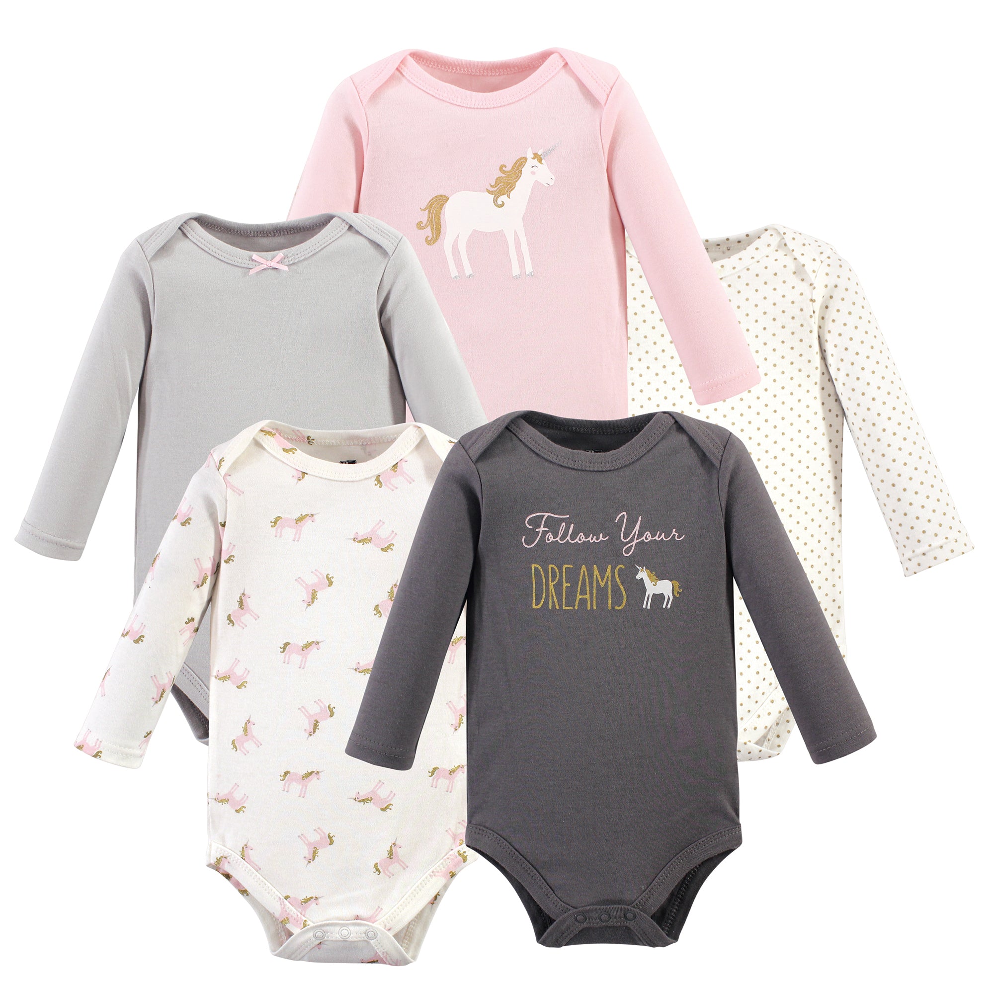 Girls Long Sleeve Bodysuits 5-Pack, Glimmering Sun Unicorn