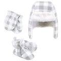 Unisex Trapper Hat, Mittens and Booties Set, Smoky Ash Check