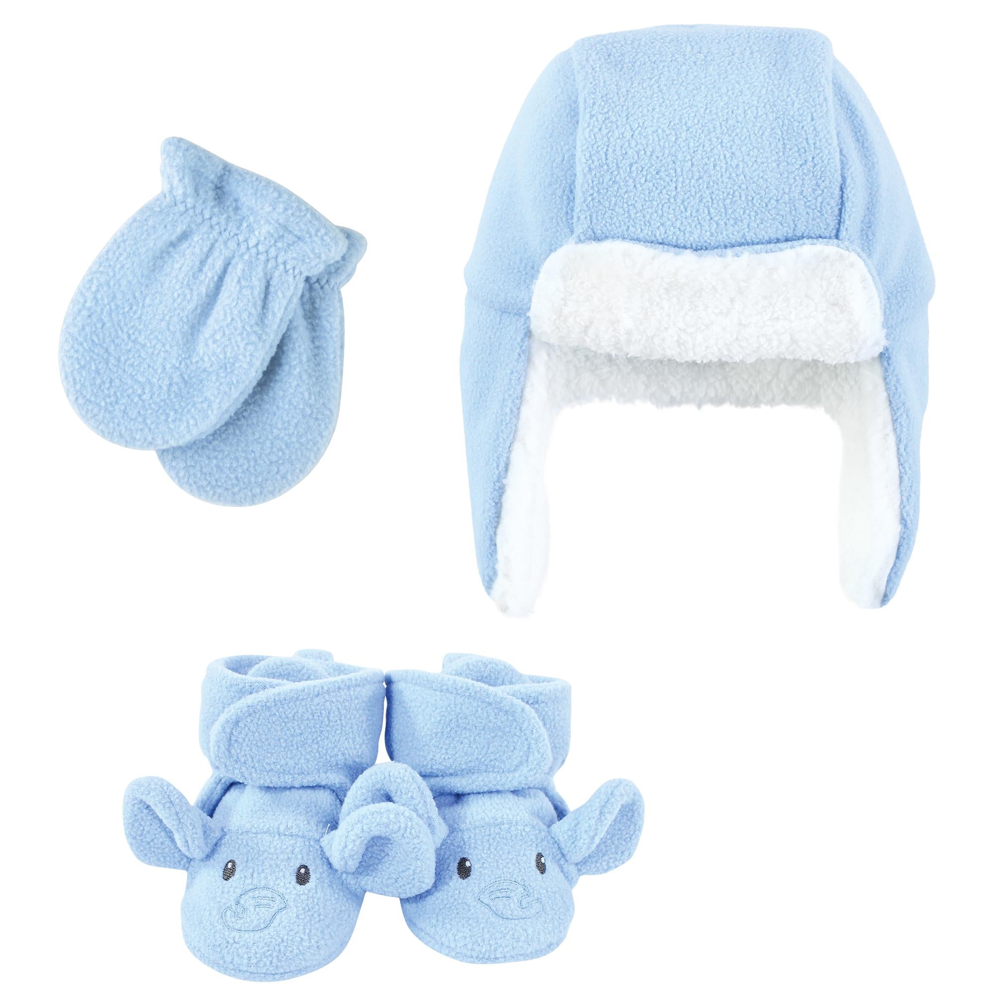 Unisex Trapper Hat, Mittens and Booties Set, Azure Elephant