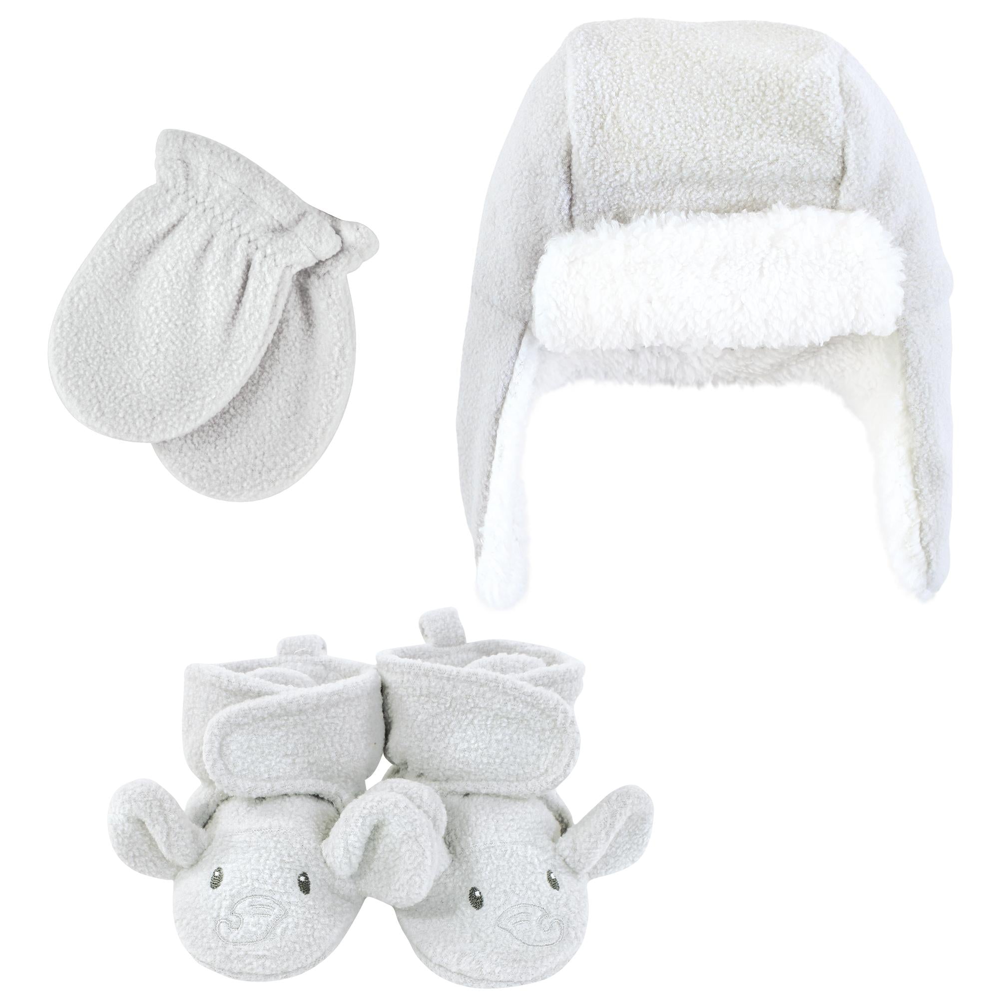 Unisex Trapper Hat, Mittens and Booties Set, Pebble Elephant