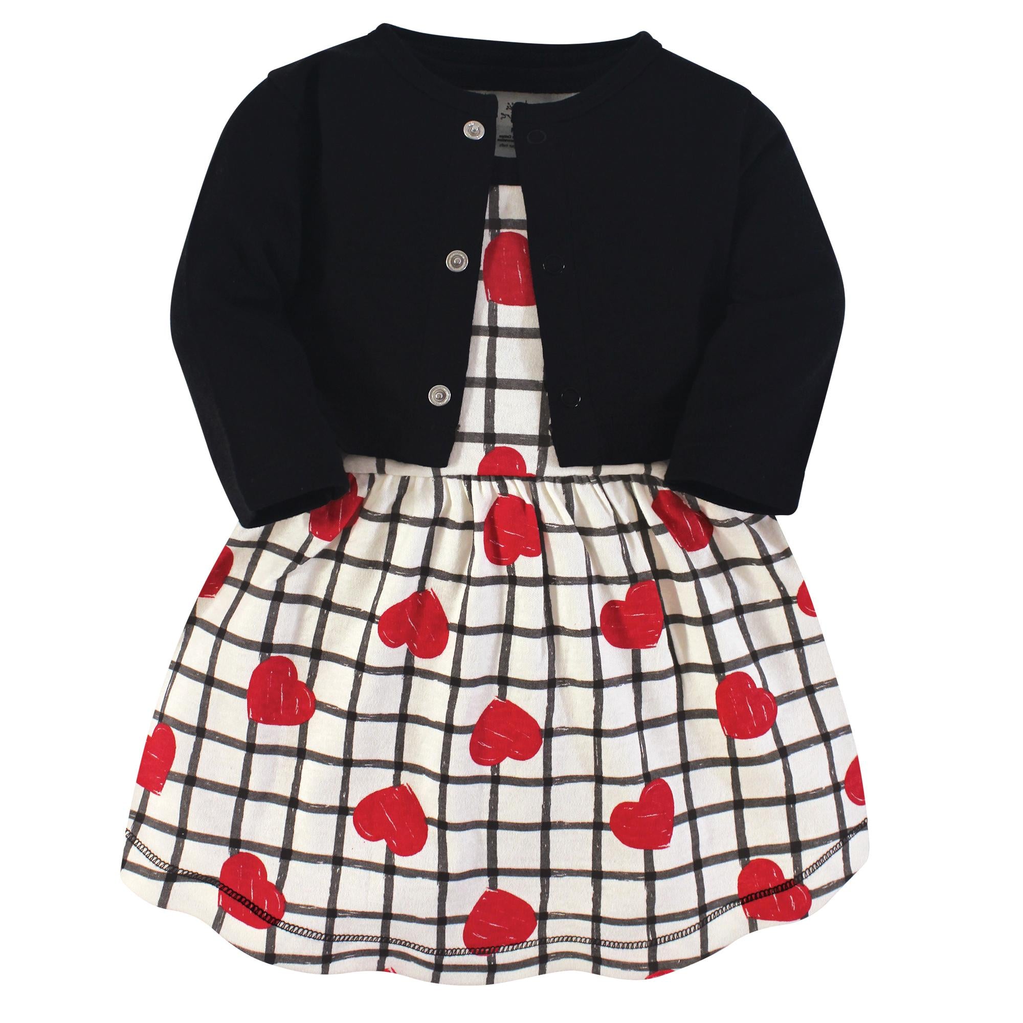 Girls Organic Dress and Cardigan Set, Midnight Ruby Heart