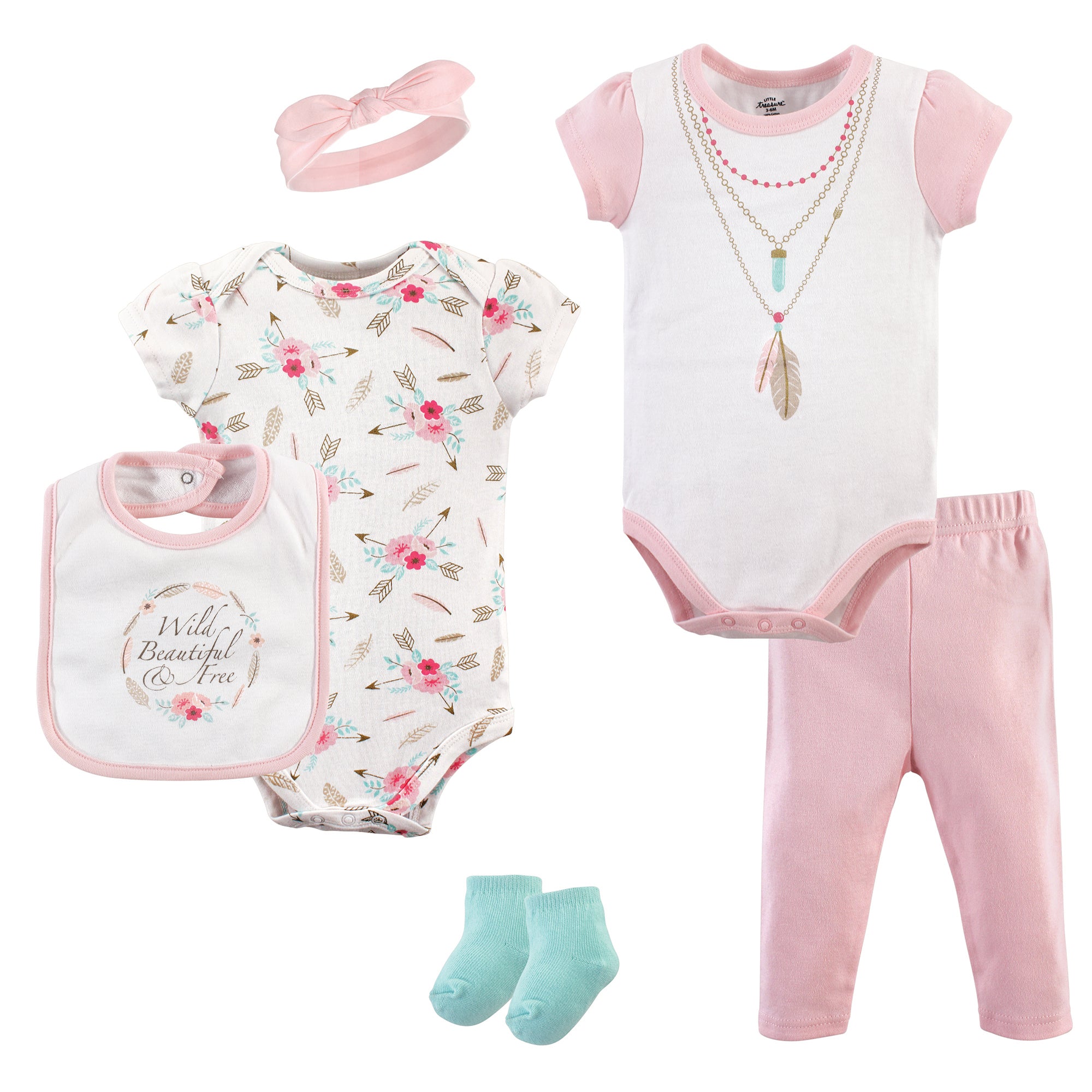 Girls Bodysuits, Pants, Bib, Socks, Cap and Headband Set, Artisan Blush