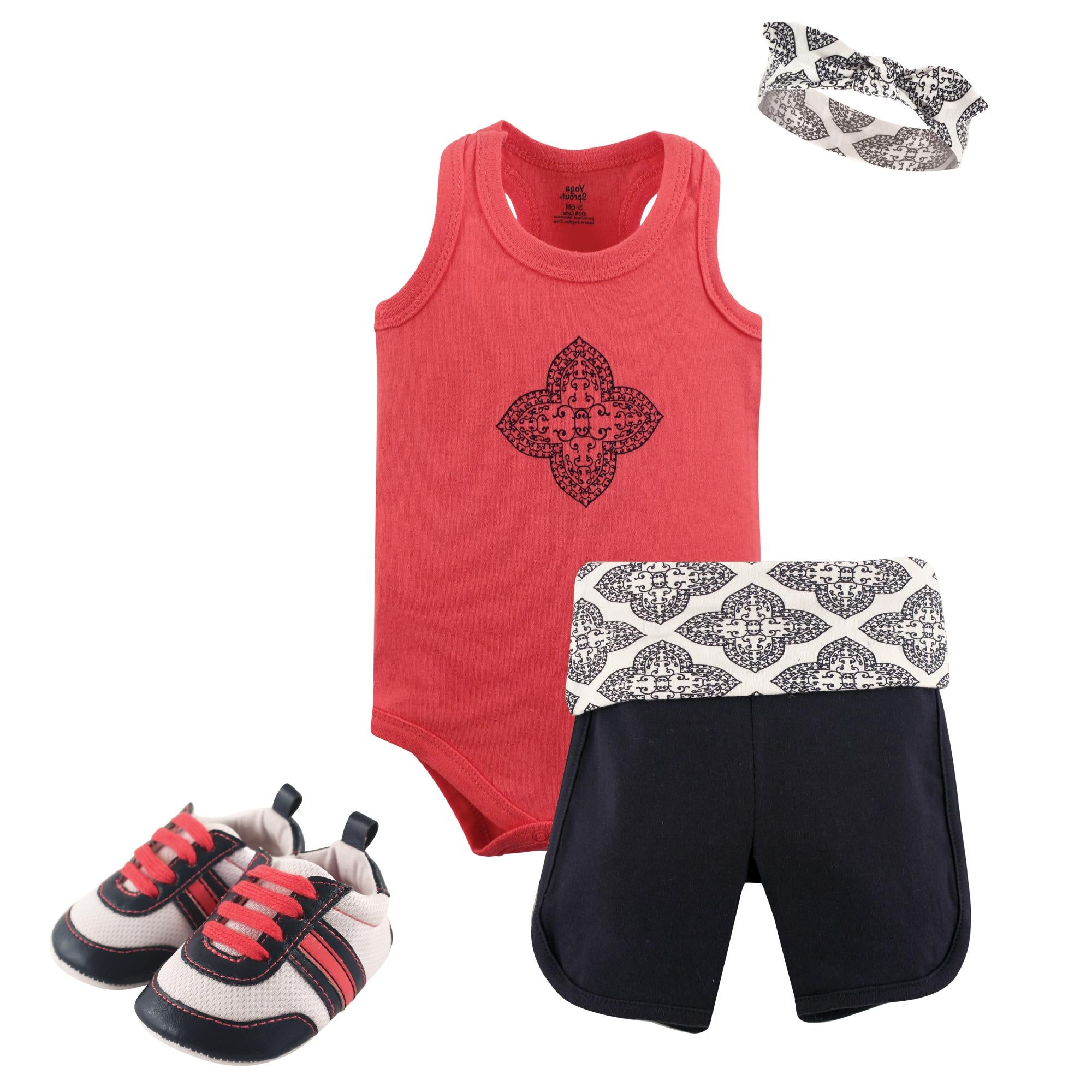 Girls Bodysuit, Shorts, Shoe and Heaband Set, Sapphire Clover Motif
